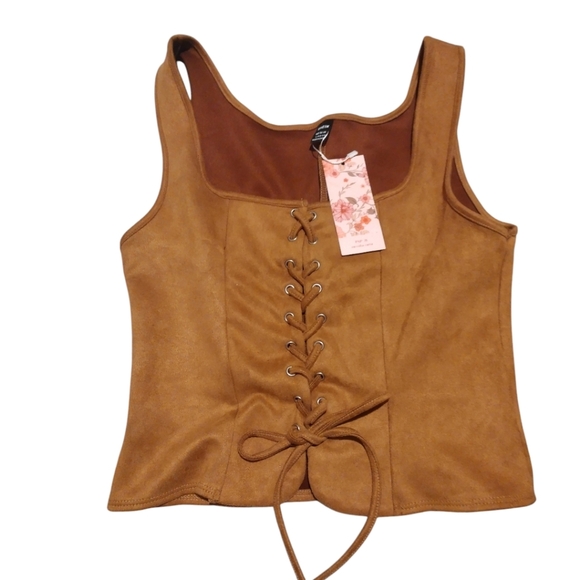 SHEIN Tops - Trendy Lace-Up Brown Super Soft Like Suede Size Large Crop Sleeveless Top